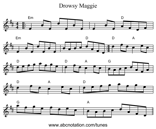 Drowsy Maggie - staff notation