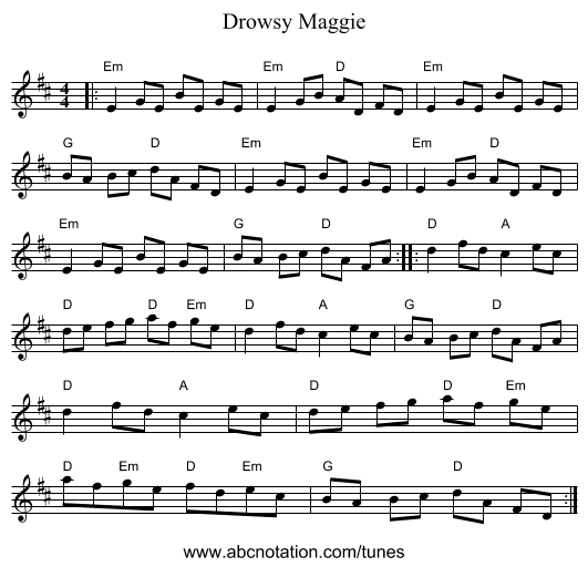 Drowsy Maggie - staff notation