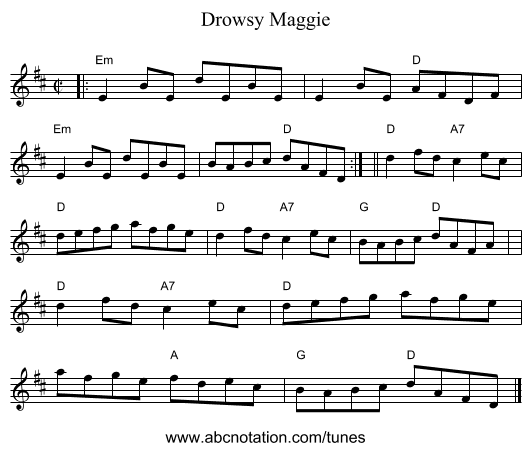 Drowsy Maggie - staff notation