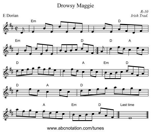 Drowsy Maggie - staff notation