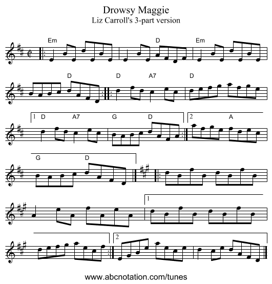 Drowsy Maggie - staff notation