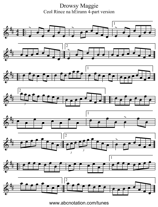 Drowsy Maggie - staff notation