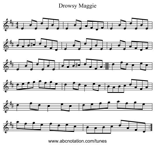 Drowsy Maggie - staff notation