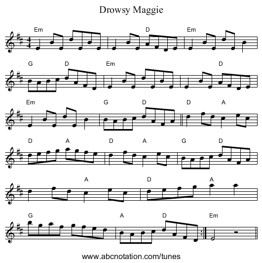 Drowsy Maggie - staff notation