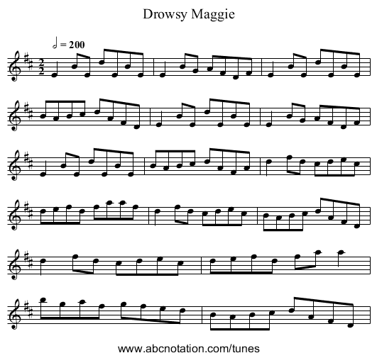 Drowsy Maggie - staff notation