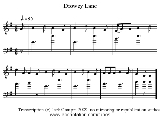 Drowzy Lane - staff notation
