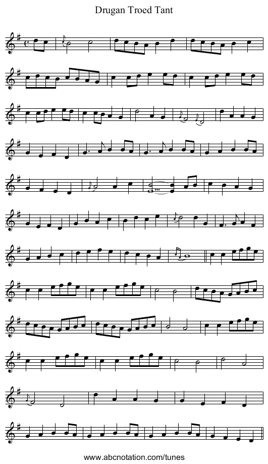 Drugan Troed Tant - staff notation
