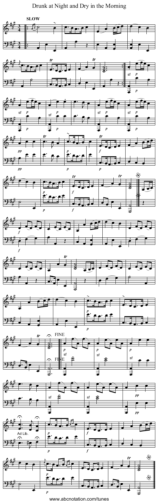 Drunk at Night and Dry in the Morning - staff notation