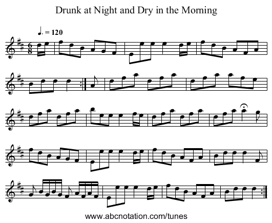 Drunk at Night and Dry in the Morning - staff notation