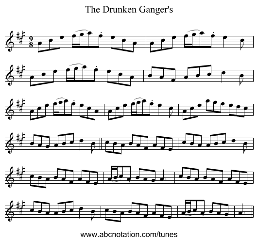 Drunken Ganger's, The - staff notation