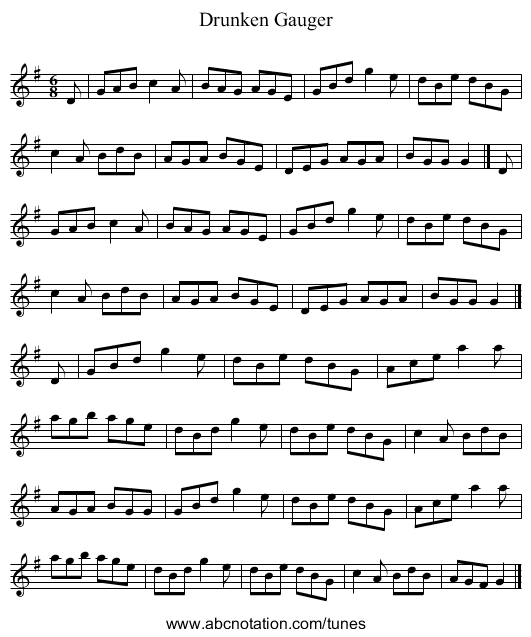 Drunken Gauger - staff notation
