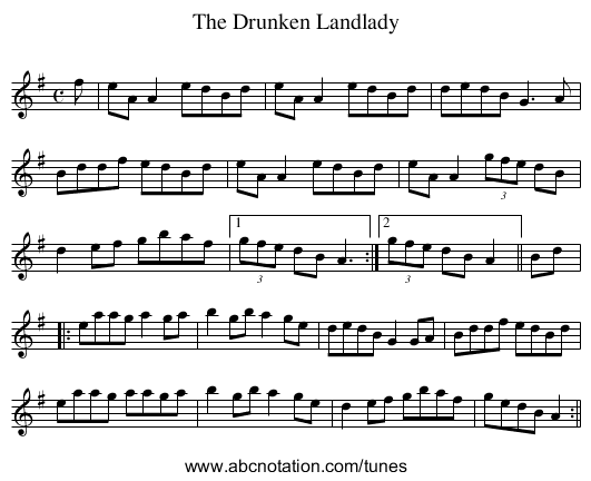 Drunken Landlady, The - staff notation