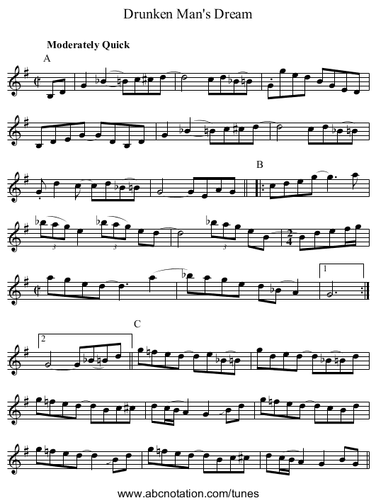 Drunken Man's Dream - staff notation