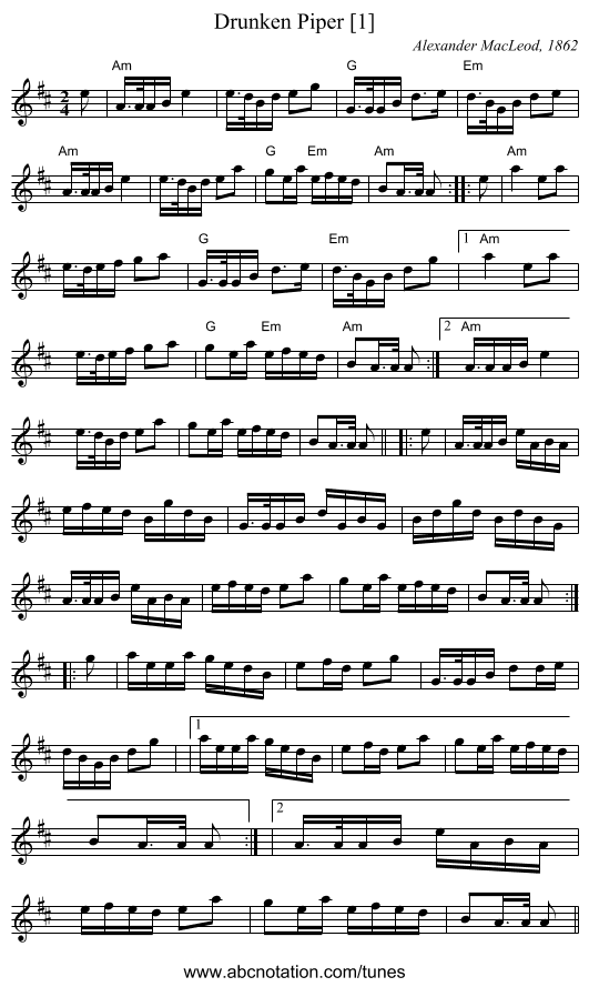 Drunken Piper [1] - staff notation