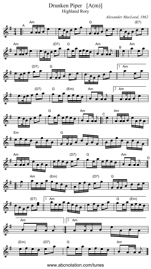 Drunken Piper   [A(m)] - staff notation
