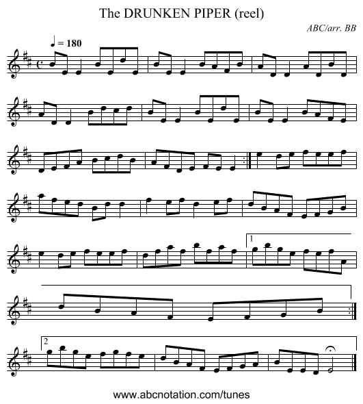 DRUNKEN PIPER (reel), The - staff notation