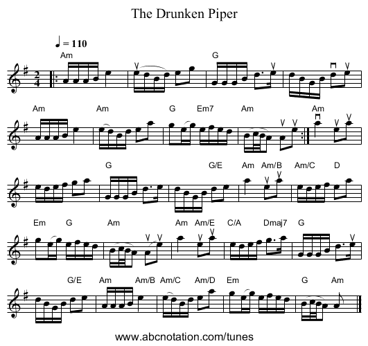 Drunken Piper, The - staff notation