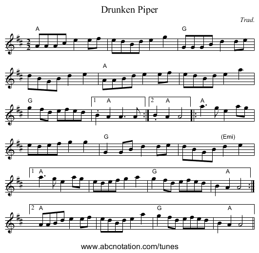 Drunken Piper - staff notation