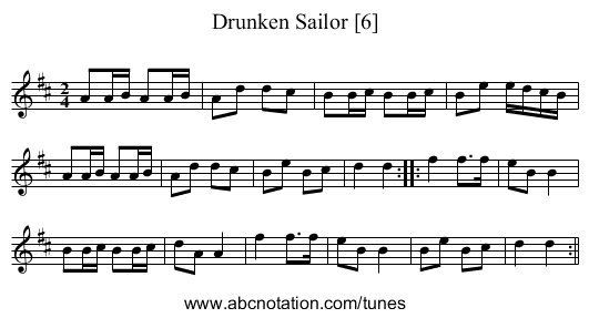 Drunken Sailor [6] - staff notation