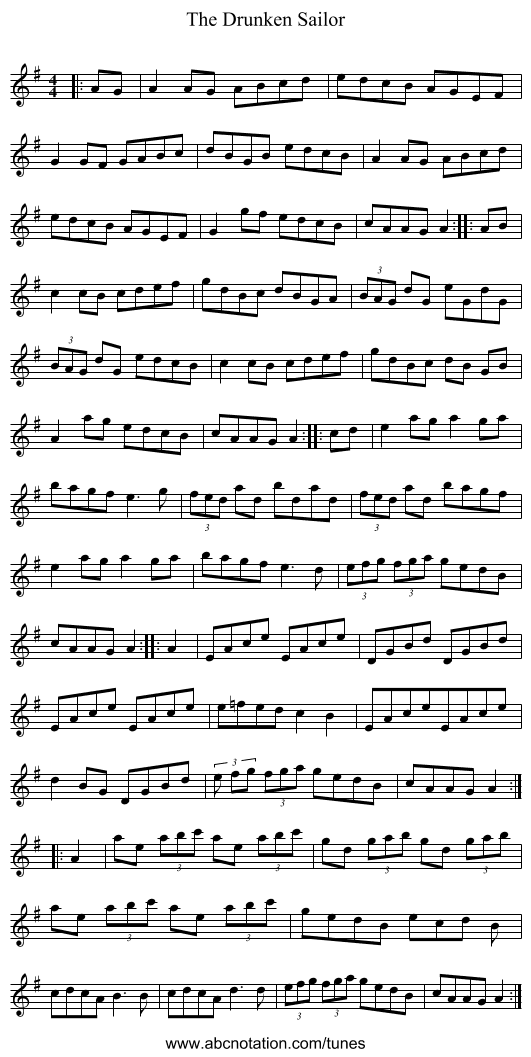 Drunken Sailor, The - staff notation