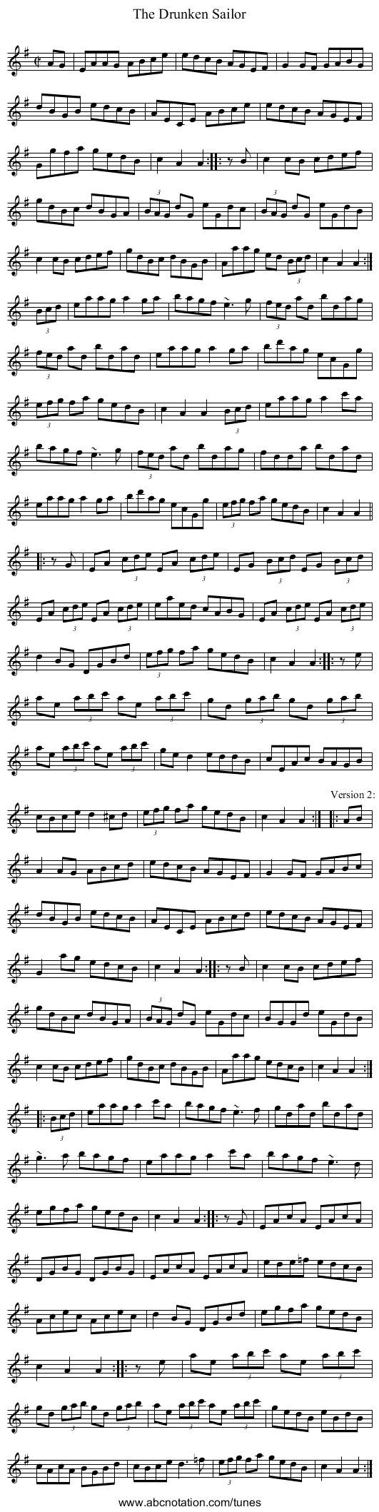 Drunken Sailor, The - staff notation