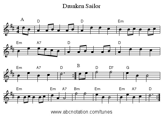 Drunken Sailor - staff notation