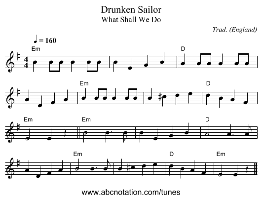 Drunken Sailor - staff notation