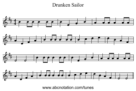 Drunken Sailor - staff notation