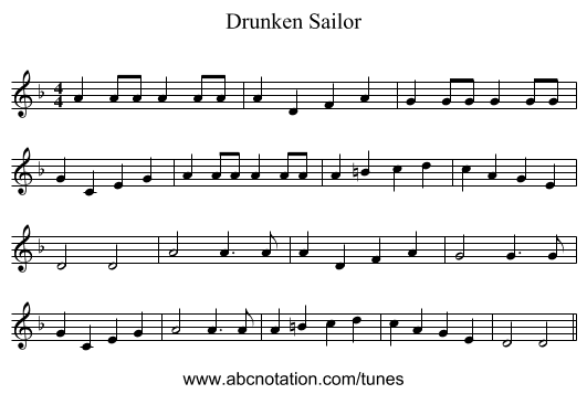 Drunken Sailor - staff notation