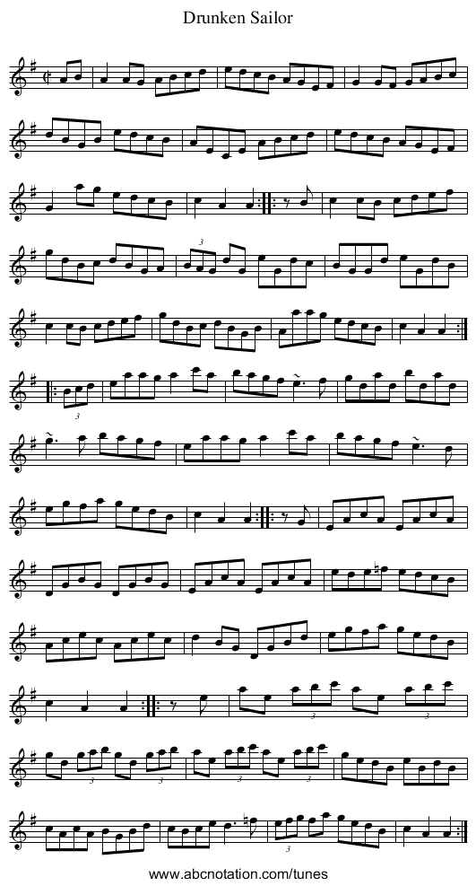 Drunken Sailor - staff notation