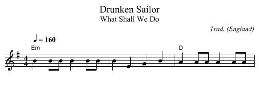 Drunken Sailor - staff notation