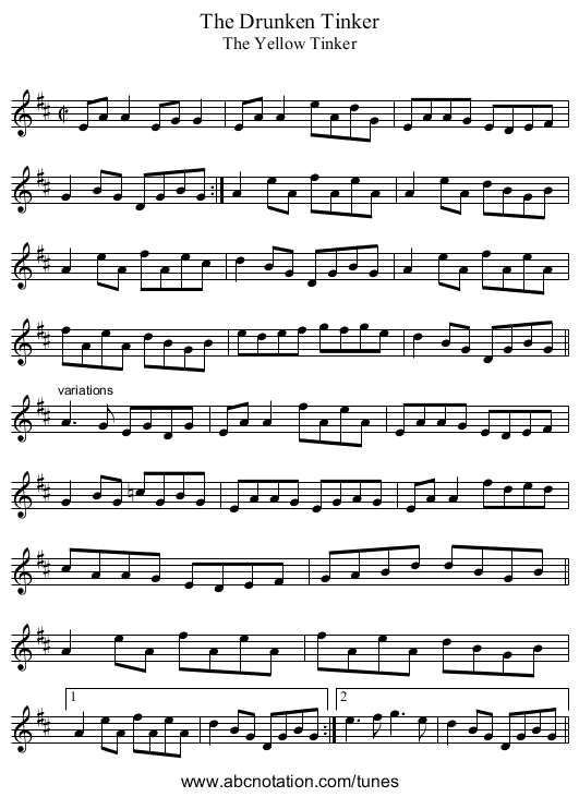 Drunken Tinker, The - staff notation