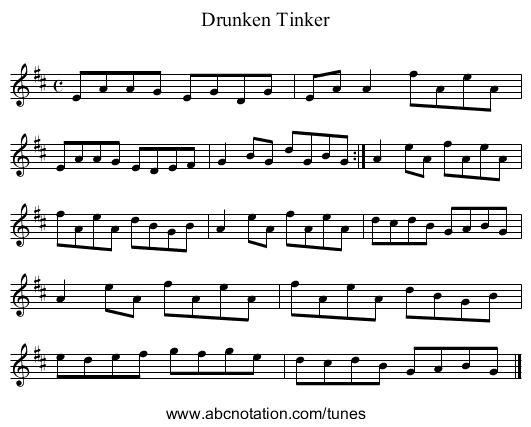 Drunken Tinker - staff notation