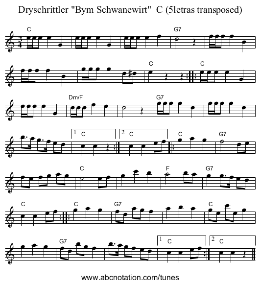 Dryschrittler Bym Schwanewirt  C (5letras transposed) - staff notation