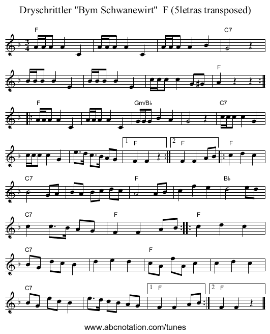 Dryschrittler Bym Schwanewirt  F (5letras transposed) - staff notation