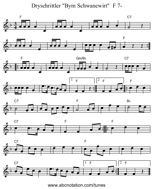 Dryschrittler Bym Schwanewirt  F 7- - staff notation