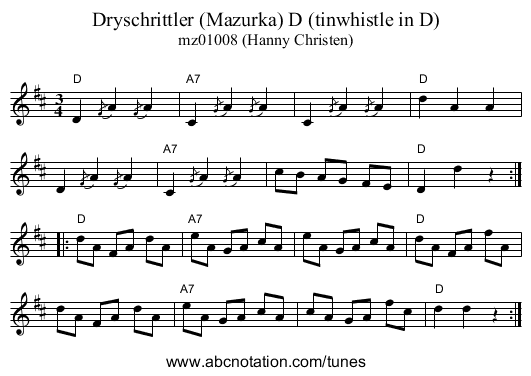 Dryschrittler (Mazurka) D (tinwhistle in D) - staff notation