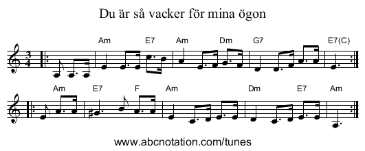 Du &auml;r s&aring; vacker f&ouml;r mina &ouml;gon - staff notation