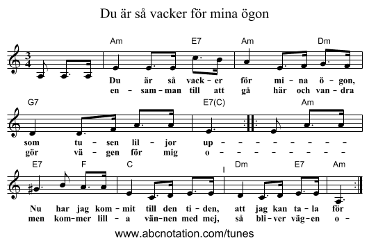 Du &auml;r s&aring; vacker f&ouml;r mina &ouml;gon - staff notation
