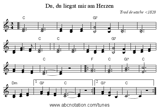 Du, du liegst mir am Herzen - staff notation