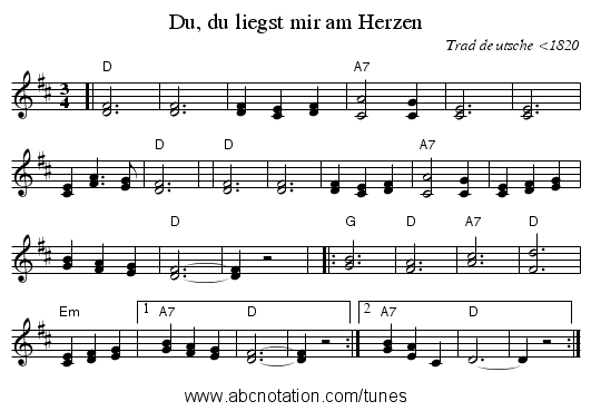 Du, du liegst mir am Herzen - staff notation