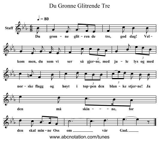 Du Gronne Glitrende Tre - staff notation