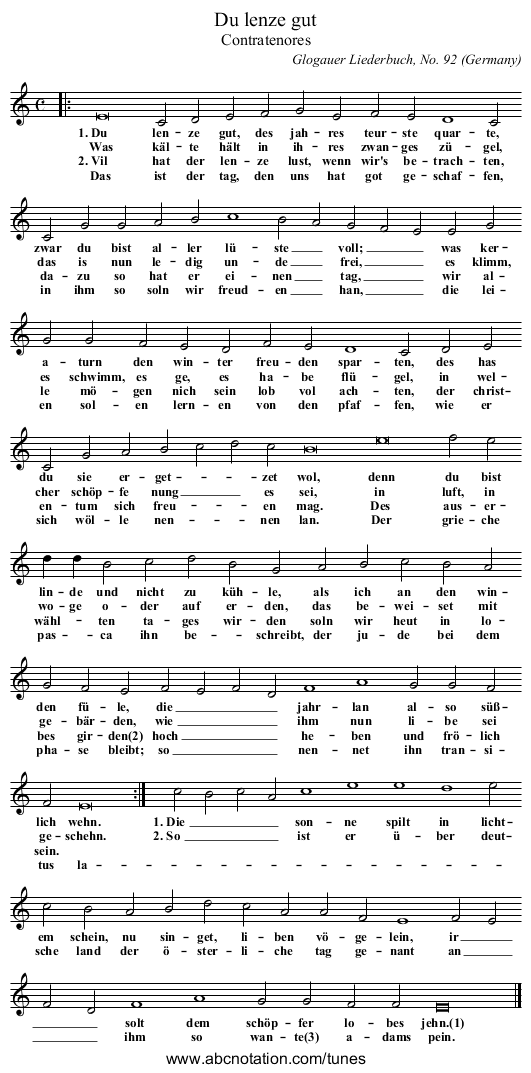 Du lenze gut - staff notation