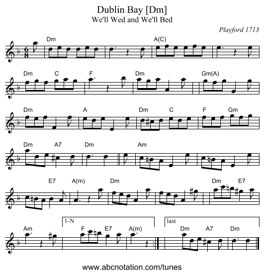 Dublin Bay [Dm] - staff notation