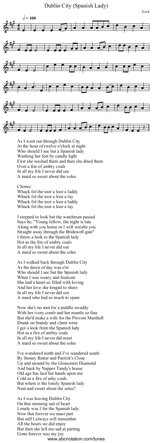 Dublin City (Spanish Lady) - staff notation