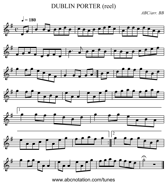 DUBLIN PORTER (reel) - staff notation