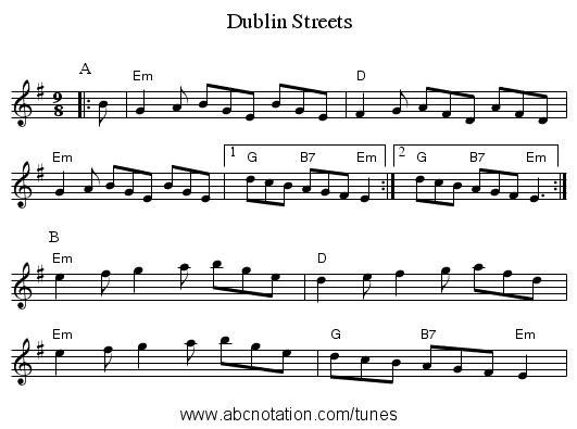 Dublin Streets - staff notation