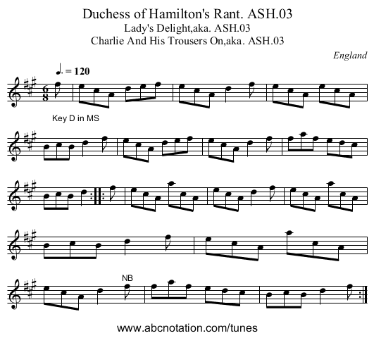 Duchess of Hamilton's Rant. ASH.03 - staff notation