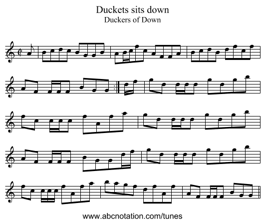 Duckets sits down - staff notation