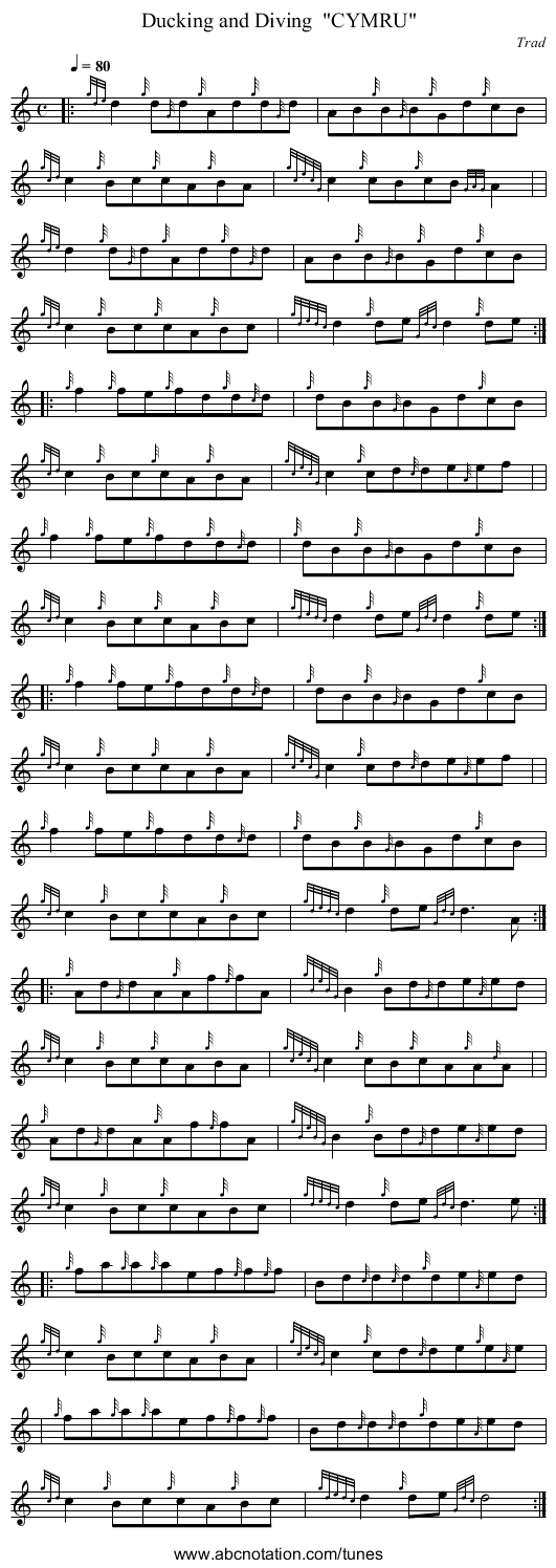 Ducking and Diving  CYMRU - staff notation